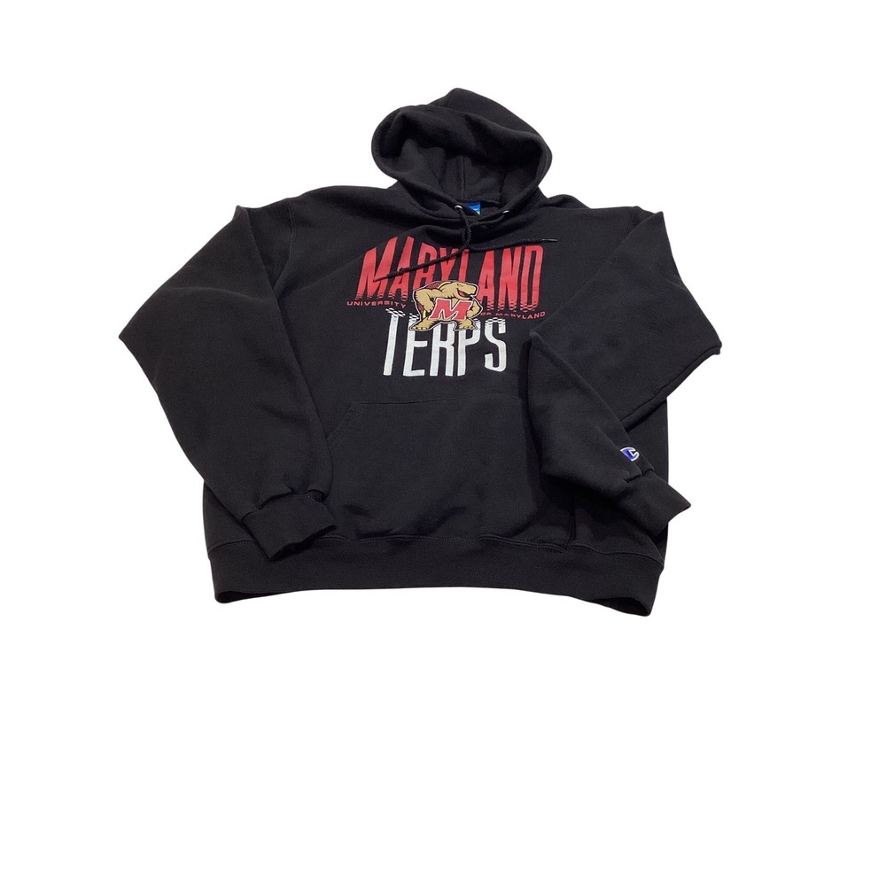 Champion Maryland Terps Hoodie Mens Medium Black Eco Fleece Pullover Sweatshirt